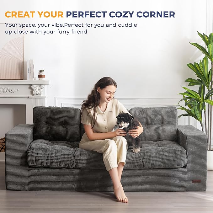 MAXYOYO 3 Seater Couch for Living Room Boneless Couch with Tufted Cushion &amp Backrest Upholstered Floor Sofa with Armrests Sofa in A Box No Assembly Required Dark Grey