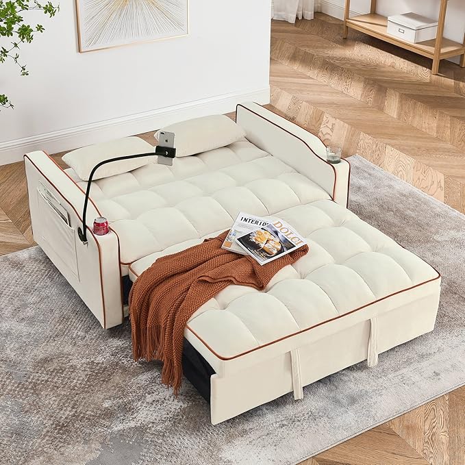 Dreamzie 3 in 1 Convertible Sleeper Sofa Bed Pull Out Couch for Living Room with Swivel Phone Stand Loveseat Sleeper with Side Pocket | Adjustable Backrest | USB Port | Cup Holder(Fabric Beige)