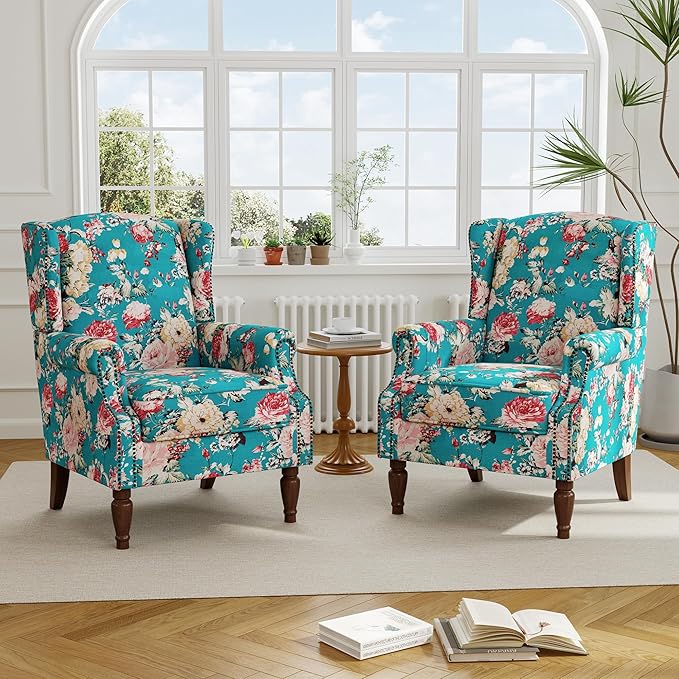Floral High Back Accent Chair Upholstered Armchair with Solid Wood Legs Comfy Wingback Reading Single Sofa Chair for Small Spaces Living Room Bedroom(Floral Peacock Blue Set of 2)