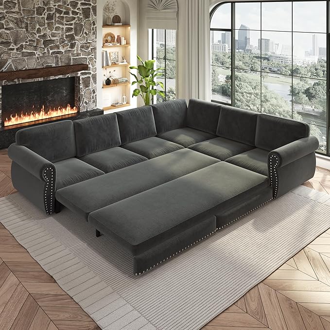 118 L Shaped Sectional Sleeper Sofa Couch with Pull Out Bed Oversized Chenille Convertible Sectional Couches with Nailhead Trim &amp Rolled Arm for Living Room Removable Sofa CoverDark Gray