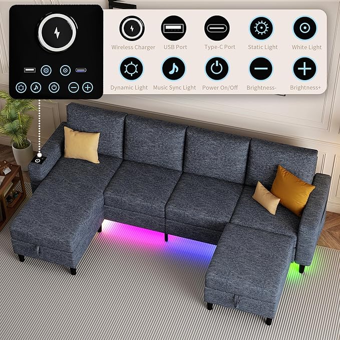 Sectional Couches for Living Room 4 Seat Sectional Sofa with Smart Module-Wireless Charging/USB/Type-C/RGB Light U Shaped Couch with Reversible Chaise Lounge/Storage Ottoman (Blue)