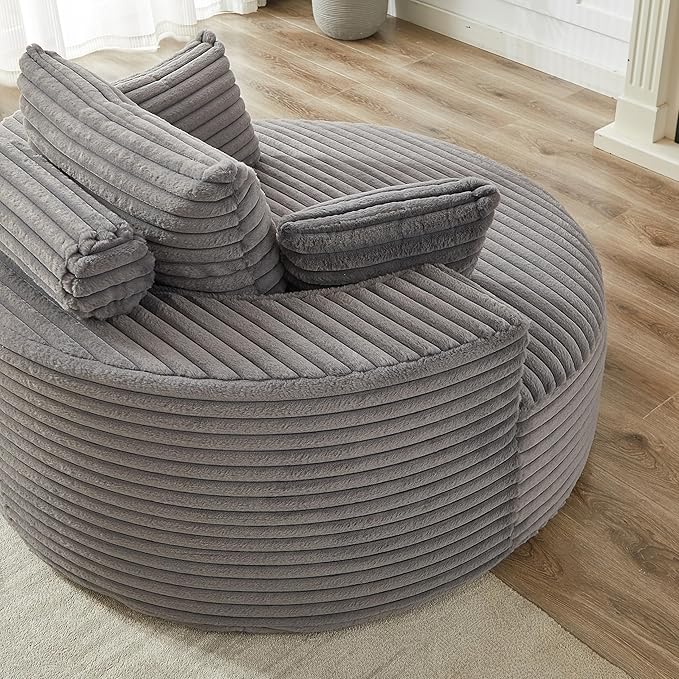 55 Grey Oversized Round Boneless Couch Sofa Corduroy Memory Foam Cloud Couches Lounge Chair Comfy Fluffy Single Sofa with 3 Pillows for Living Room Bedroom No Assembly Required (Grey)