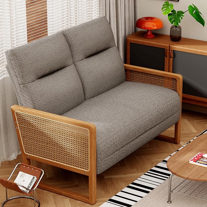 Modern Loveseat Bench Couch with Natural Rattan Arm Upholstered Linen Small Love Seat Sofa 2-Seats Living Room Couch Settee Comfy Lounge Recliner Chair-Taupe