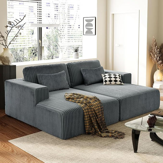 86-Inch Fluffy Corduroy Boneless Sleeper Daybed Loveseat Double Recliner Chaise Lounge Sofa Couches Floor Cloud Sofa Chaise W/4 Pillows for Home Apartment Living Room