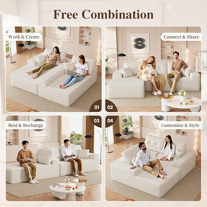 Ball &amp Cast 106 Boneless Sectional Sofa Corduroy Modular L Shaped Couch with Deep Seat Chaise Cloud Style Oversized Sectional Couch for Living Room No Assembly Left Facing Beige