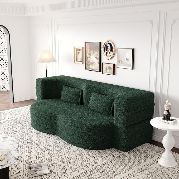 78” Floor Sleeper Sofa Bed Modern 2 in 1 Full Size Foldable Mattress with 2 Pillows Convertible Boneless Couch with Deep Seat for Living Room No Assembly Required (Green &amp Teddy) | No Assembly