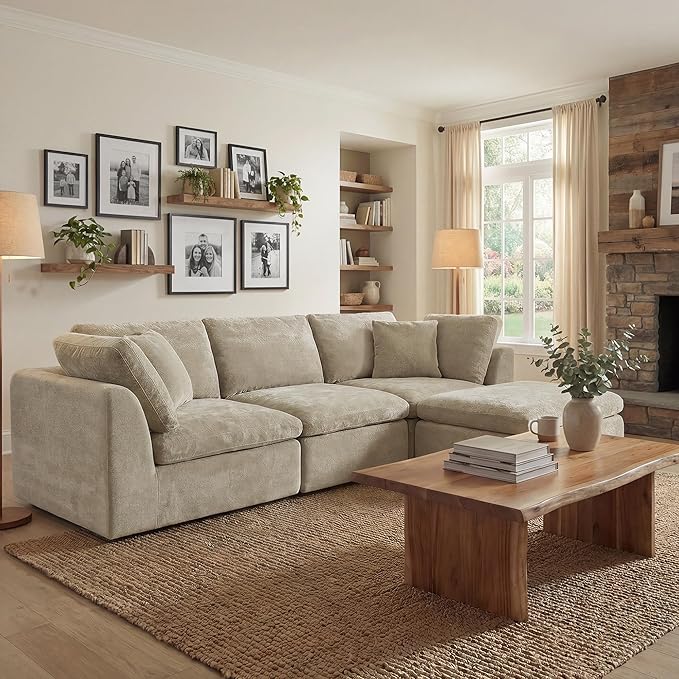 CHITA 108 Cloud Sectional Couches for Living Room Boneless L-Shape Sofa with Ottoman 3 Seater Modular Sectional Sofa Brownish Gray