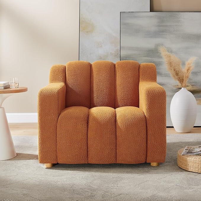 Modern Oversized Living Room Chairs 40 Wide Boucle Accent Chairs with Deep Seat and Wooden Legs Comfy Reading Arm Chair for Bedroom Apartment Orange