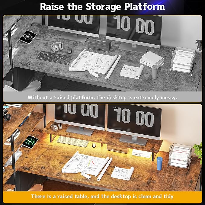L Shaped Desk with Monitor Stand 63'' Reversible U Shaped Office Desk with 6 Tire Storage Shelves &amp 2 Fabric Drawers Gaming Desk with Power Outlet &amp LED Strip Rustic Brown