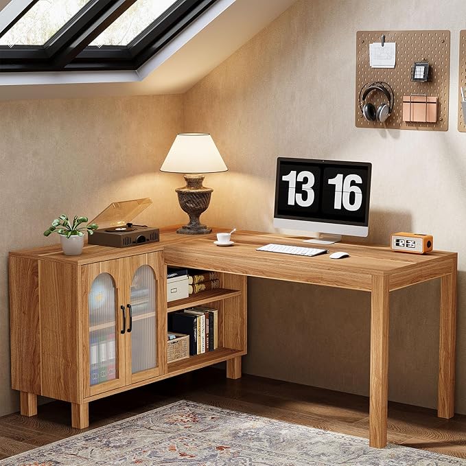 Tribesigns L-Shaped Desk with File Cabinet 59-Inch Executive Office Desk with Storage Shelves Wooden Study Writing Desk Farmhouse Corner Computer Desk for Home Office Rustic Brown