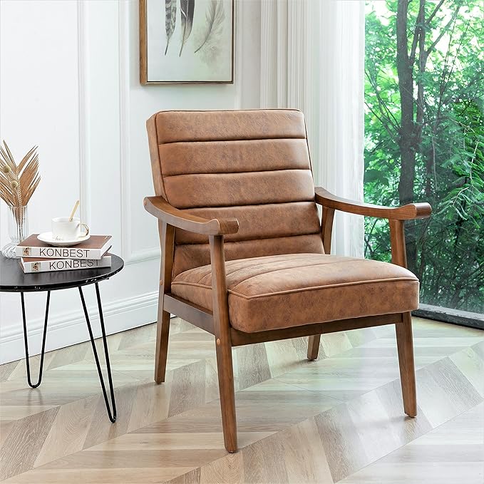 Unique Mid Century Modern Accent Chair with Open-Framed Armchair Design Plush Foam Cushioning and Leather-Look Microfiber Seat and Back Cushions Brown