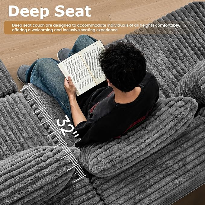 104 Grey Boneless Couches for Living Room Modular Sectional Sofa with Deep Seat Comfy Plush Cloud Couch with U-Shaped Chaise Corduroy Compressed Foam Sofa for Bedroom Living Room