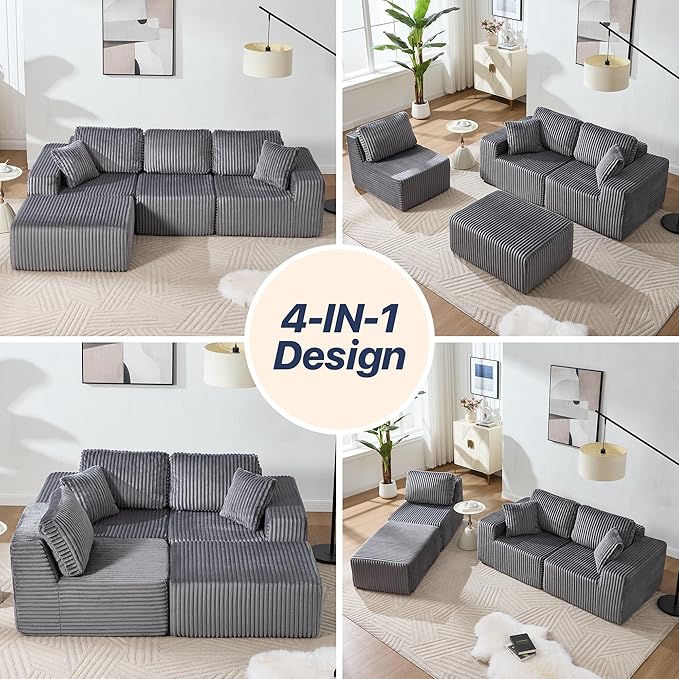 101.5'' Modular Sectional Sofa Cloud Sectional Couch with Deep Seat Comfy Fluffy L Shaped Couches Memory Foam Sofa with 1 Ottoman Corduroy Boneless Couch No Assembly Required Dark Gray