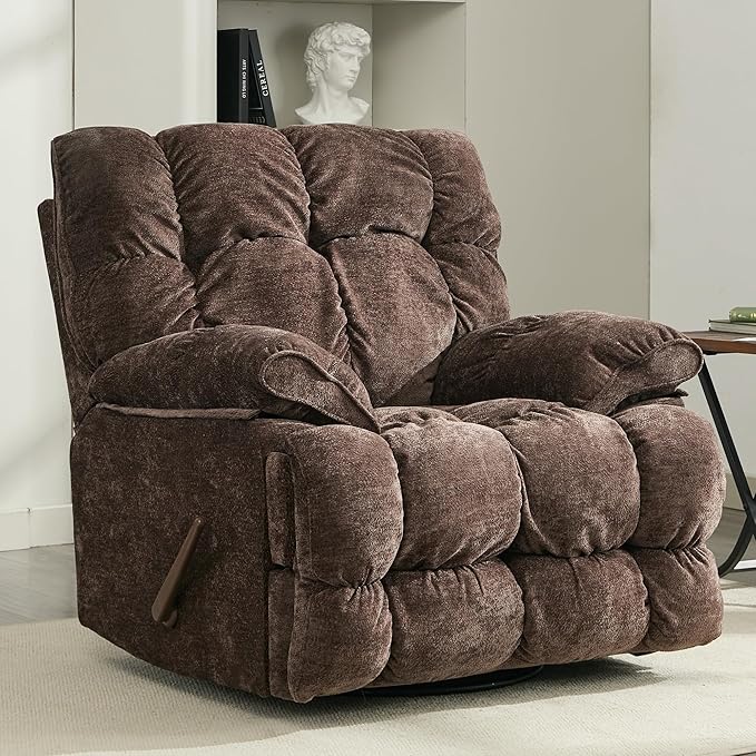 Oversized Recliner Chair Overstuffed Swivel Rocker with Extra Wide Seat &amp Breathable Fabric for Living Room (Manual Brown)