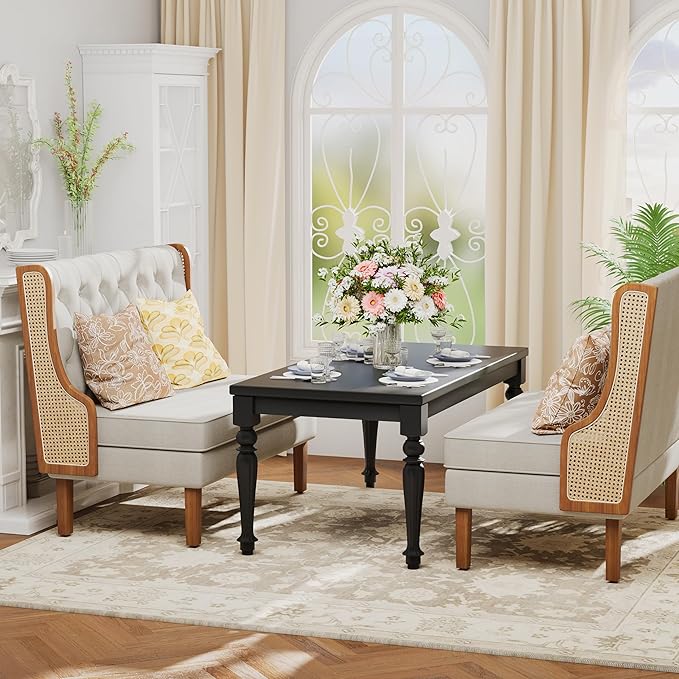 Andeworld Loveseat Settee Bench with Natural Rattan ArmsUpholstered Modern High-Back Mini Sofa CouchBanquette Dining Bench Love Seat for Living Dining Room Bedroom Office Small Space EntrywayBeige