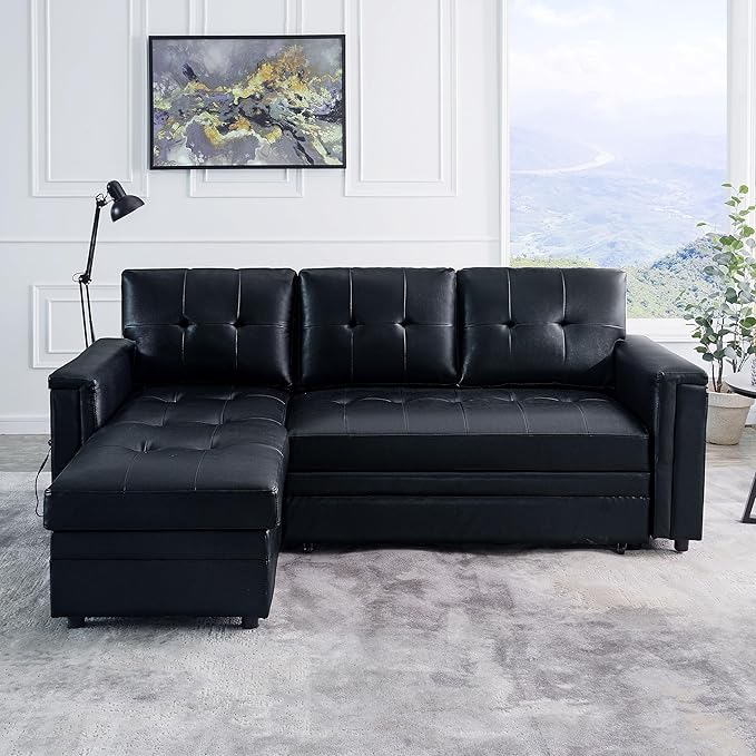 Naomi Home Lily Sectional Sleeper Sofa with USB Ports-L-Shaped Couch Convertible Pull-Out Bed Ample StorageTimeless DesignSturdy ConstructionLong-Lasting for Modern Living - Black Air Leather