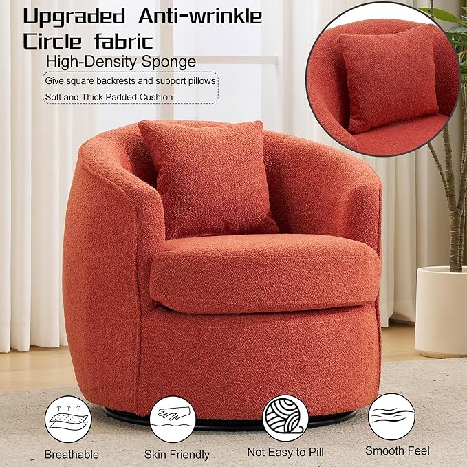Swivel Barrel Chairs 32 Inches Wide No Assembly Round Upholstered Armchairs Accent Chairs Single Sofa Chair for Living Room (Orange Set of 1)