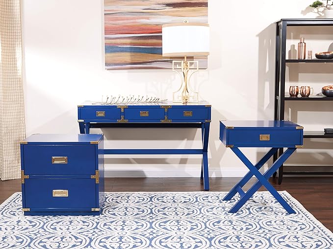 OSP Home Furnishings Wellington 46-Inch Writing Desk with Power Hub and 3 Storage Drawers Lapis Blue