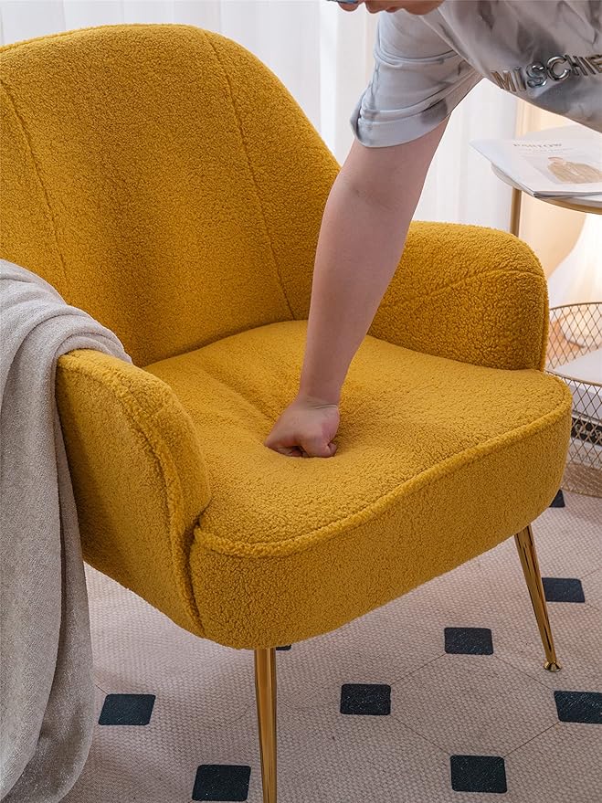 Modern Soft Green Teddy Fabric White Ergonomics Accent Chair Living Room Chair Bedroom Chair Home Chair with Gold Legs and Adjustable Legs Family Room Sofa Armchair Furniture for Indoor Home (Yellow)