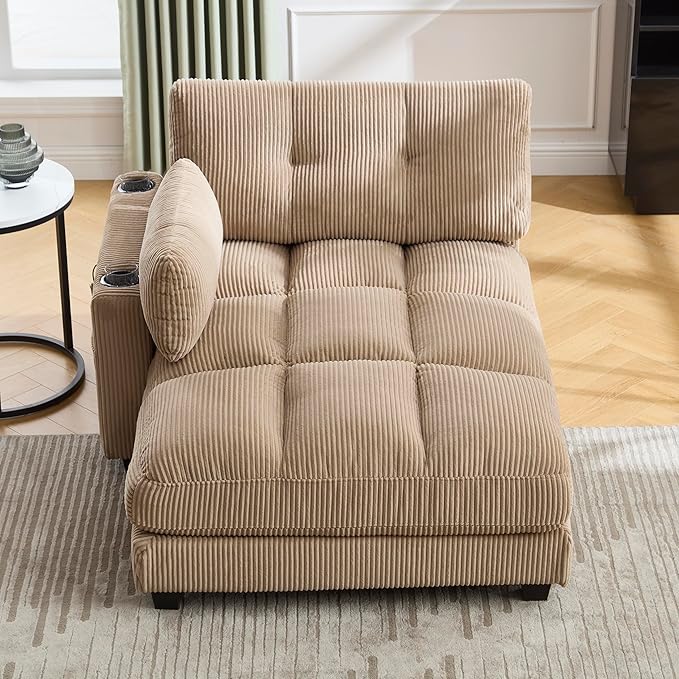 Oversized Lounge Chaise Convertible Sleeper Sofabed Corduroy Sleeper Daybed Indoor Recliner Chair Sofa Bed with Cupholders and Adjustable Headrests for Living Room Bedroom Reading Home Apartment