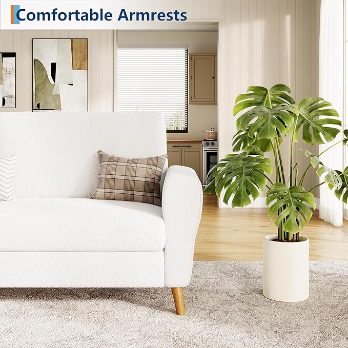 IDEALHOUSE 84 Inch Modern Sofa Couch Large 3-Seater Sofa with Streamlined Armrests Boucle Loveseat Wood Feet Comfy Couch for Living Room Apartment Lounge White