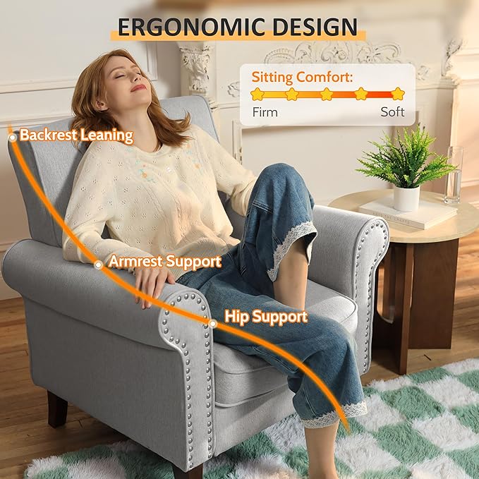 PrimeZone Comfy Accent Chair Mid-Century Modern Fabric Living Room Chair Reading Chair with Soft Cushion Nailhead Trim &amp Rolled Armrest Arm Chair Sofa Chairs for Bedroom Waiting Room Office Gr