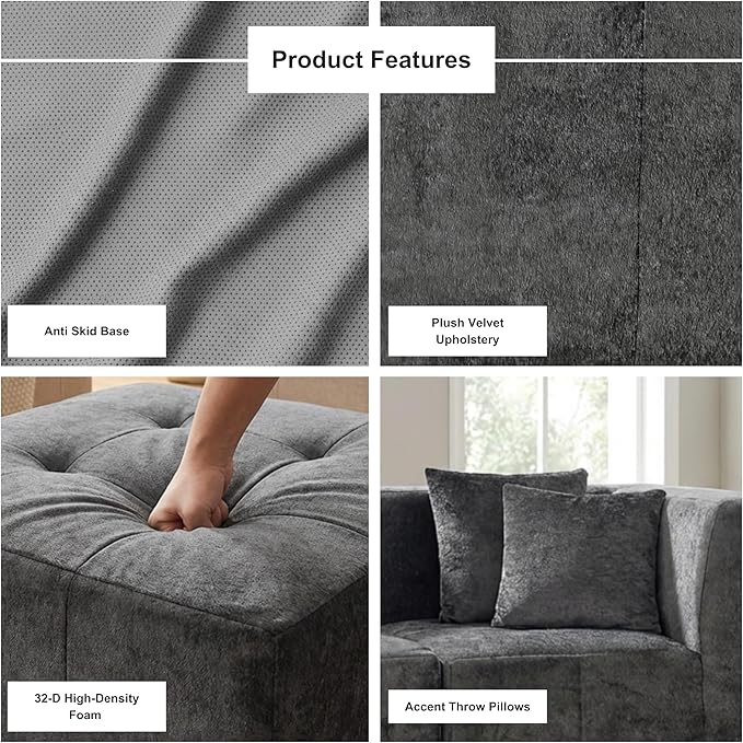 · REDEARTH · 6-Seater Modular Velvet Sectional Sofa No-Assembly U-Shaped Compressed Couch in Box with Ottoman Boneless Modular System in Plush Velvet for Living Room (4-Seater + 2-Ottoman)Dark Gray