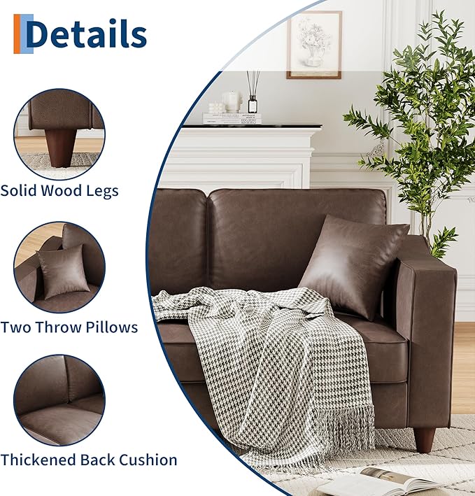 3-Seater Sofa Couch with 2 Throw Pillows 85 Inches Faux Leather Couch with Wide Armrests Deep Seats Wood Legs Back Cushion Sturdy Support Feet Couches for Living Room Office Dark Brown
