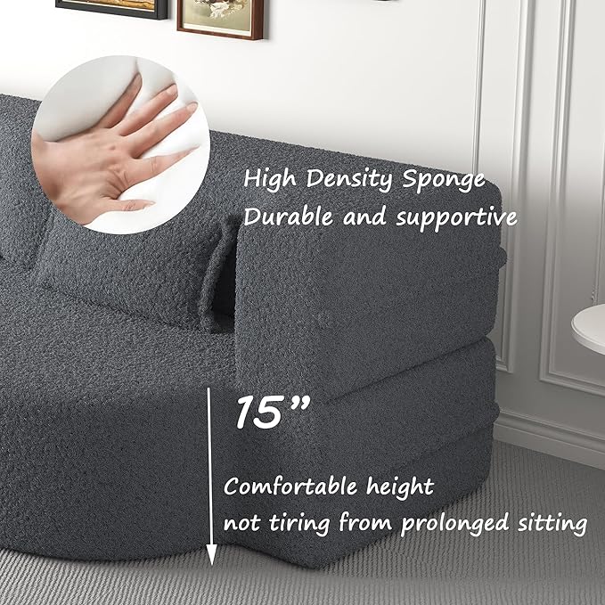 Hommoo Convertible Sleeper Sofa Bed Futon Sofa Folding Mattress Couch Full Size Teddy 2 in 1 Compression Floor Lounge Couch High Density Foam for Living Room/Guest Room/Apartment Grey
