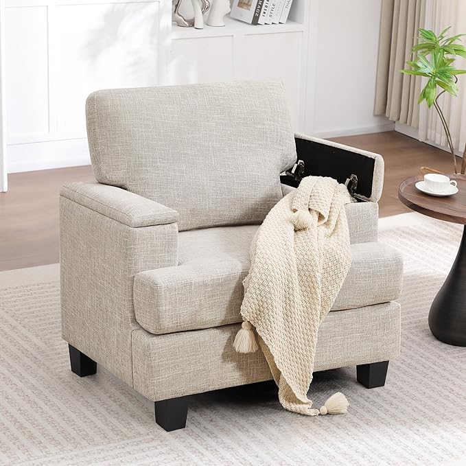 Beige Accent Chair with Armrest Storage Modern Upholstered Reading Living Room Chairs Comfy Large Armchair Fabric Single Sofa Chair for Bedroom