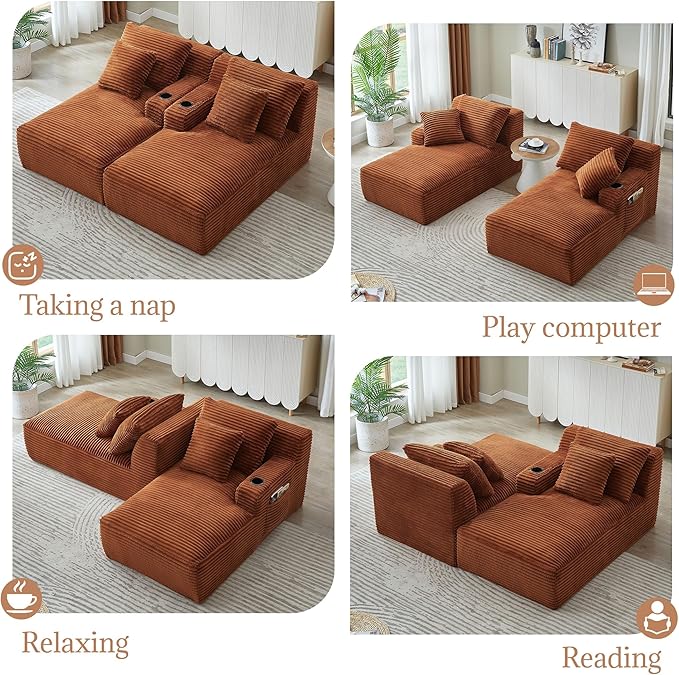 Double Chaise Lounge Sofa Boneless Cloud Couch Bed with Cup Holders and Side Pockets Comfy Deep Seat Sleeper Sectional Loveseat Chair for Living Room (Orange 2 Seat)