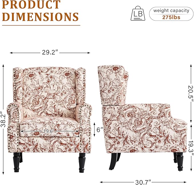 Wingback Accent Chair High Back Upholstered Armchair Printed Fabric Wingback Arm Chair with Wood Legs Single Sofa Reading Chair for Bedroom Living Room Rococo Orange