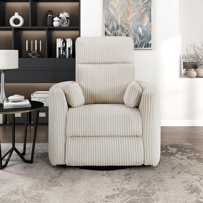 Lexicon Modern Swivel Glider Recliner Chair Nursery Glider Corduroy Fabric Upholstery Recliner with 2 Lumbar Pillows Manual Reclining Sofa Chair for Living Room/Office/Apartment Beige