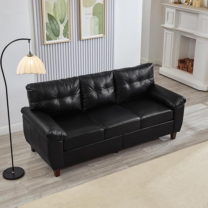 2+3 Seat Modular Sofa Set Faux Leather Sectional Couch with Deep Seats &amp Wide Armrests Mid-Century Tufted PU Upholstered Sofa Set for Living Room Apartment Office Vintage Storage Couch Black