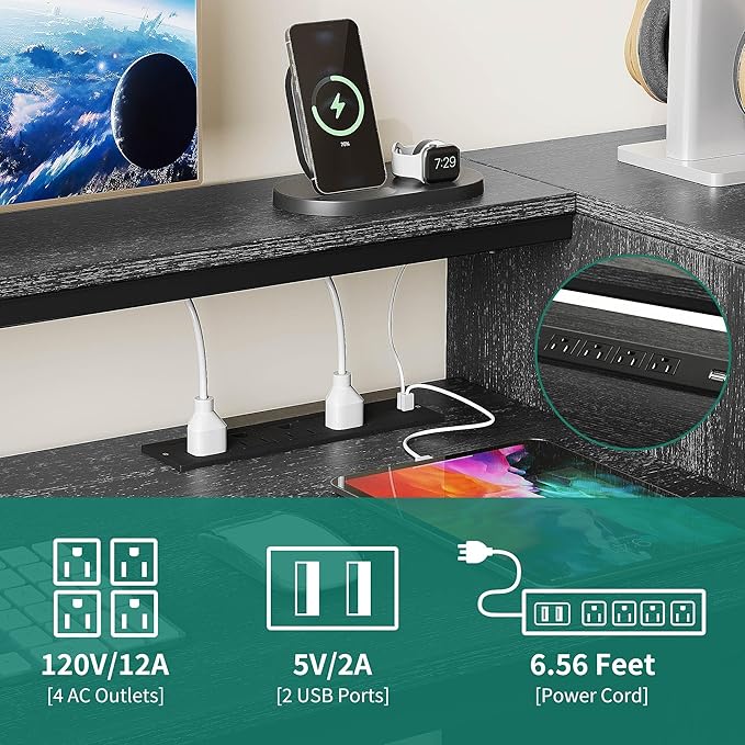 YITAHOME L Shaped Desk with Drawers 59 Corner Computer Desk with Power Outlets &amp LED Lights Farmhouse Wood L-Shaped Desk with File Cabinet Printer Stand Host Stand for Home Office Grey