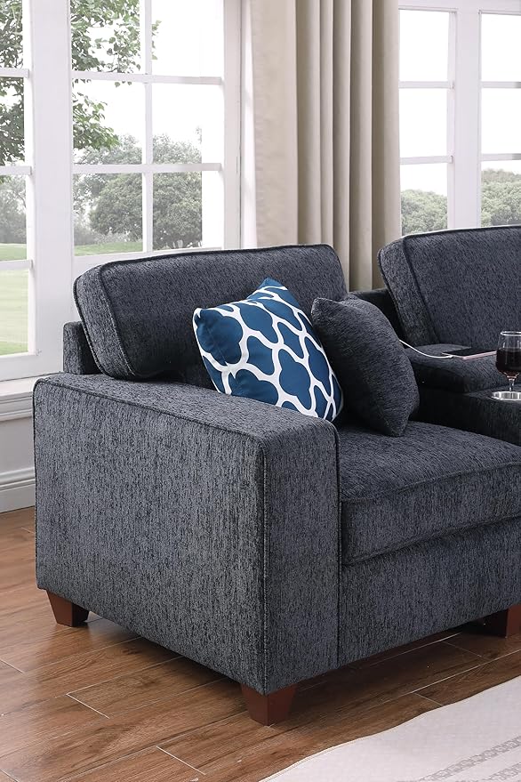 127 L-Shaped Sectional Couch with Movable Ottoman&amp6 Throw Pillows7 Seat Chenille Upholstered Sofa W/2 Cup HolderUSB Port&ampHidden Storage BoxDIY Combinationfor Living RoomApartmentDark Gr