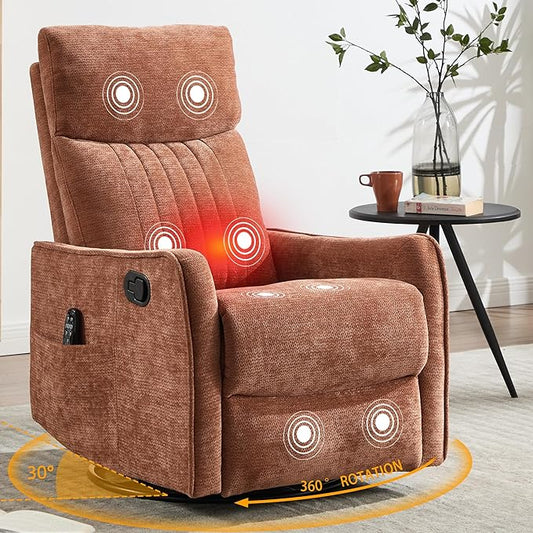 Small Swivel Rocker Recliner Chair for Nursery Heat &amp Massage Manual Upholstered 360° Fabric Glider Chair Small Recliners for Small Spaces Living Room (Orange)