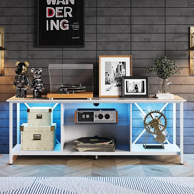 WLIVE Industrial TV Stand with LED Lights for Up to 65 TVs Waterproof &amp Scratch-Resistant Adjustable Shelves Modern Entertainment Center for Living Room White