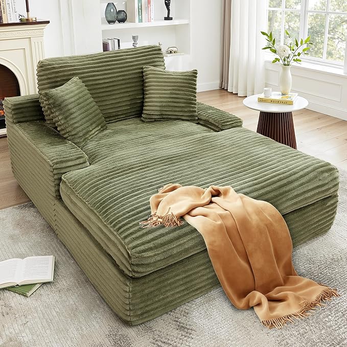 Hanherry 54x71 Oversized Chaise Lounge Sofa Chair Indoor Corduroy Memory Foam Couch Plush Reading Chair Upholstered Sofa Bed Couches with 2 Throw Pillows for Living Room Bedroom No Assembly