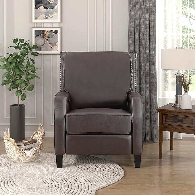 Lexicon Pushback Recliner Chair Faux Leather Armchair Push Back Recliner Nailhead Trim Solid Wood Legs Easy Assembly for Living Room/Office/Apartment Dark Brown