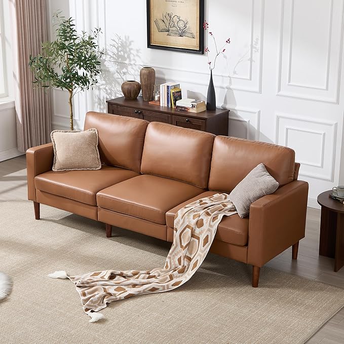 Kingfun 91.7 Faux Leather Sofa 3 Seater Couch Mid Century Modern Couches with Solid Wood Legs for Living Room &amp Bedroom Coffee