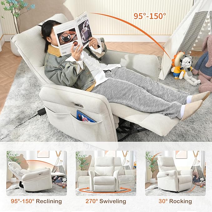 270° Power Swivel Rocker Recliner Chair for Adults – Electric Reclining Small Sofa Chair with Smooth Rocking &amp Rotation Comfortable Single Recliner for Living Room Bedroom (Light Gray)
