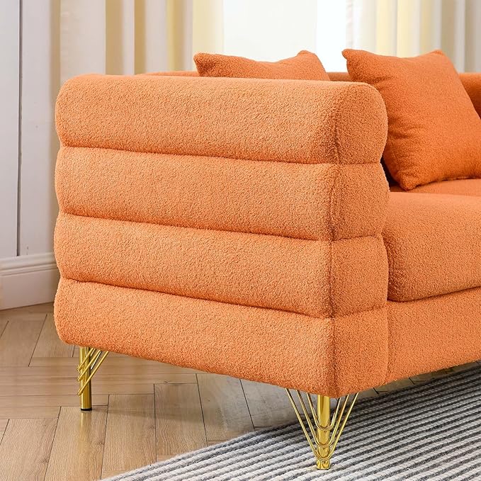 Antetek L-Shaped Sectional Couches Modern Teddy Fabric Upholstered Chaise Lounge Sofa Couch with Square Arm and 4 Golden Metal Legs for Living Room Office Orange