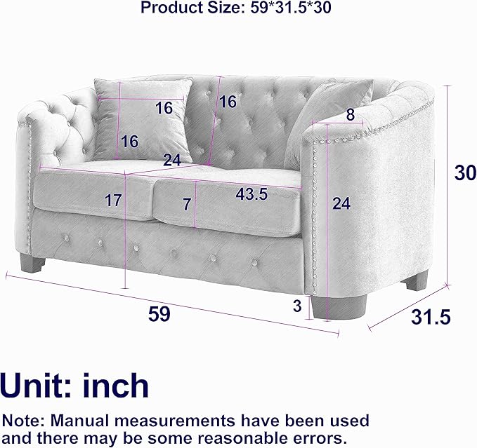KEIKI 77+59 Chesterfield Sofa 3+2 Seater Velvet Couch with Nailhead Arms Tufted Backrests 4 Cushions for Living Room Bedroom Office Apartment Gray
