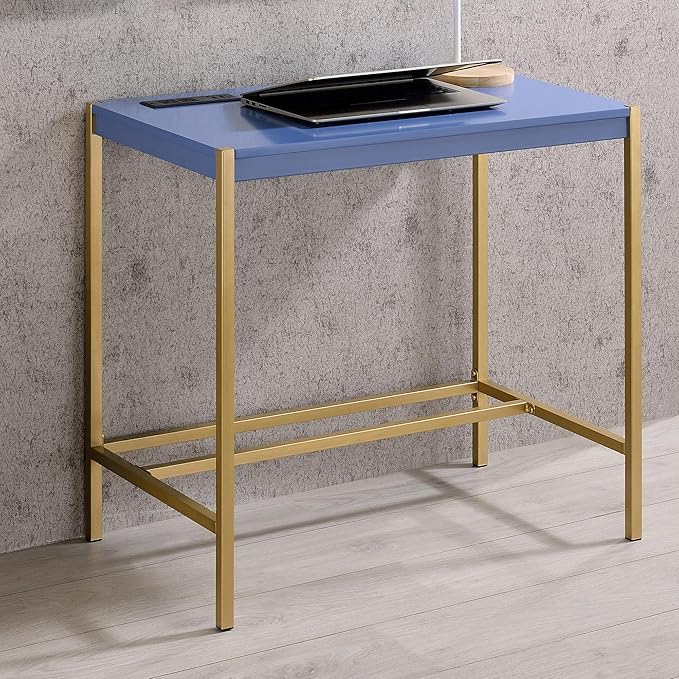 24/7 Shop at Home Fultonville Modern Metal Writing Desk with USB Port Power Outlet for Workstation Home Office Study Room Blue and Gold