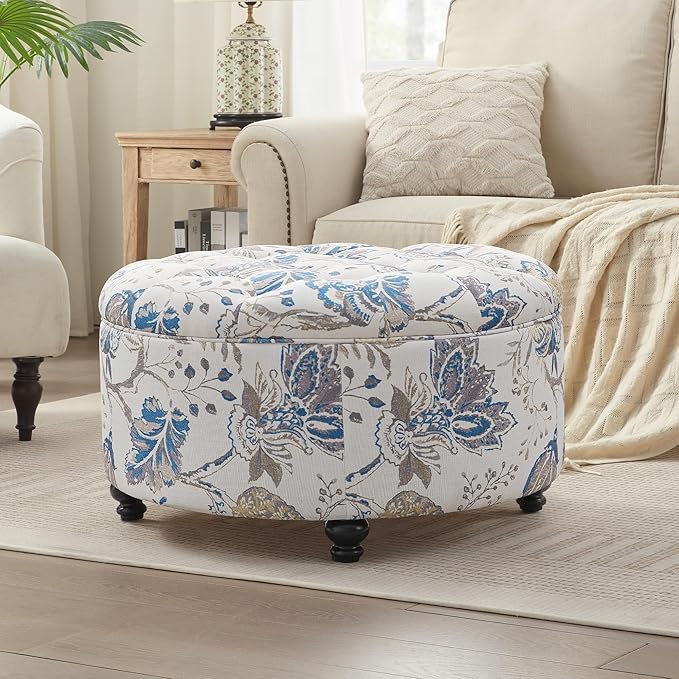 HUIMO 30-Inch Round Storage Ottoman Modern Button Tufted Coffee Table with Removable Top Upholstered Ottoman with Storage Footrest Stool for Living Room Bedroom and Office(Blue Flower)
