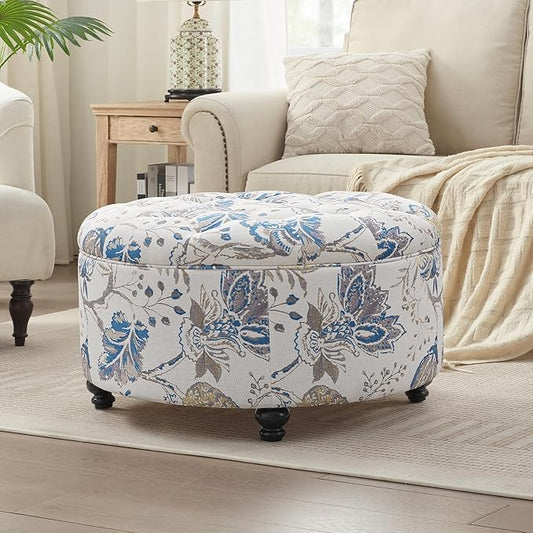 HUIMO 30-Inch Round Storage Ottoman Modern Button Tufted Coffee Table with Removable Top Upholstered Ottoman with Storage Footrest Stool for Living Room Bedroom and Office(Blue Flower)