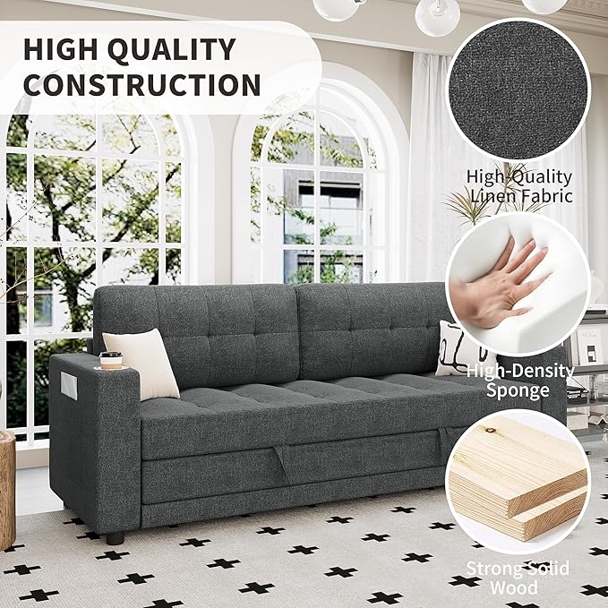 Upgraded Queen Size Futon Sofa Bed 83 Thick Upholstery Loveseat Sleeper Sofa Pull Out Couch Convertible Floor Couch for Bedroom/Living Room/Entertainment Room (Dark Grey)