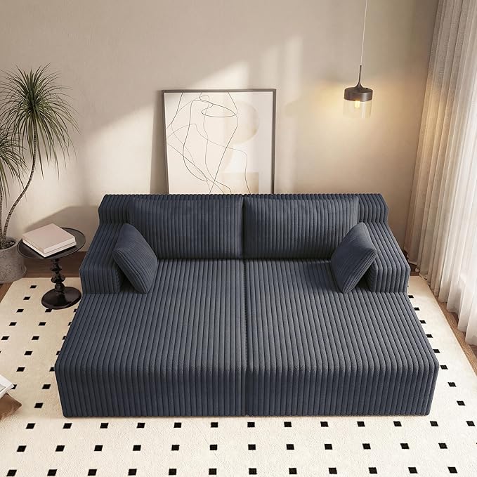 71-Inch Fluffy Corduroy Boneless Sleeper Daybed Loveseat Double Recliner Chaise Lounge Sofa Couches Floor Cloud Sofa Chaise W/4 Pillows for Home Apartment Living Room