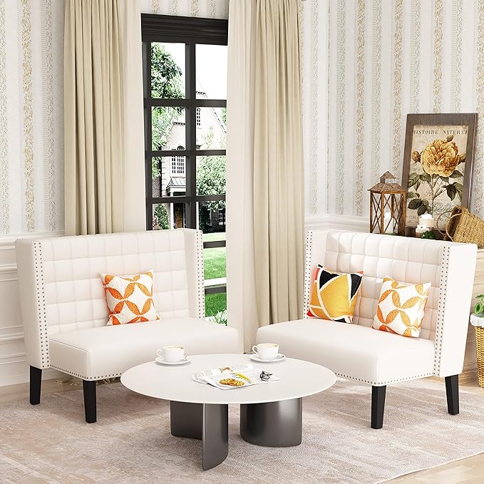 Tongli 46 Small Modern Loveseat Settee Sofa 2-Seat Sofa Couch Tufted Love Seat Dining Bench with Nail Head Trim Back Banquette Sofas for Living Room Small Space Entryway HallwayWhite